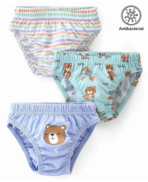 Babyhug 100% Cotton Antibacterial Briefs With Stripes & Bear Print Pack of 3 - Multicolour