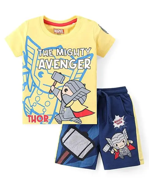 Babyhug Marvel Cotton Knit Half Sleeves T-Shirt & Shorts Set With Thor Graphics - Yellow & Blue
