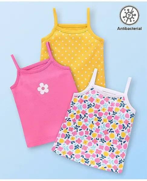 Babyhug 100% Cotton Sleeveless Antibacterial Slips  with Floral & Polka Dot Print Pack of 3 - Multicolour