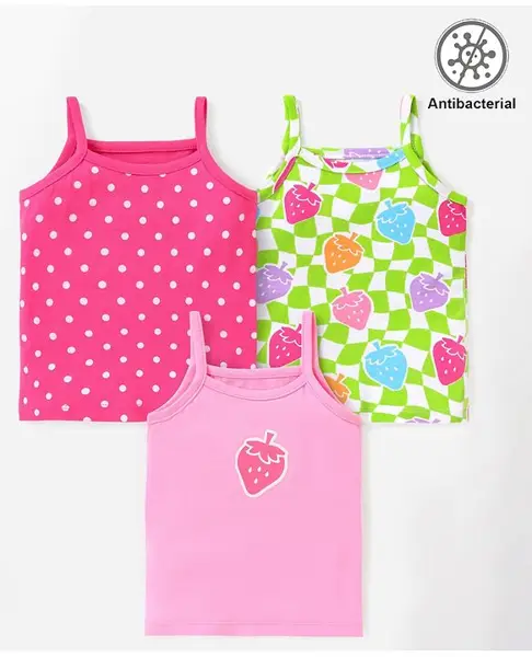 Babyhug 100% Cotton Single Jersey Sleeveless Anti Bacterial Slips Strawberry & Polka Dots Print Pack Of 3- Multicolor