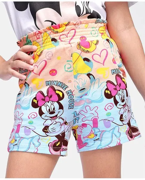 Babyhug Disney Cotton Knit Above Knee Length Shorts With Minnie Mouse Print & Smocking Detailing - Multicolor