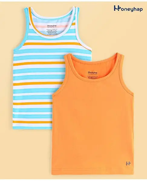 Honeyhap Premium Cotton Elastane Knit with Bio Finish Sleeveless Set of Vest Striped & Solid Colour Pack of 2  - Bright White & Blazing Orange