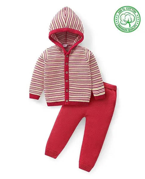 Babyhug Knitted Full Sleeves Striped Hooded Sweater Set - Red