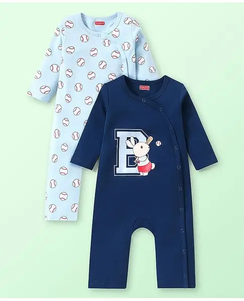 Babyhug 100% Cotton Knit Full Sleeves Rompers with Baseball & Bunny Print  Pack of 2 - Multicolour