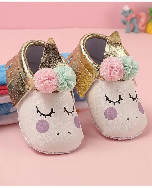 Babyoye Slip On Booties with Unicorn Print & Applique -  White