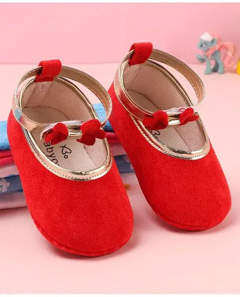 Babyoye Booties with Velcro Closure with  Bow Applique - Red