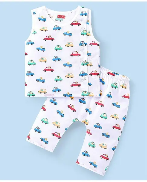 Babyhug 100% Cotton Sleeveless Jhabla and Pyjama Set Car Print - White