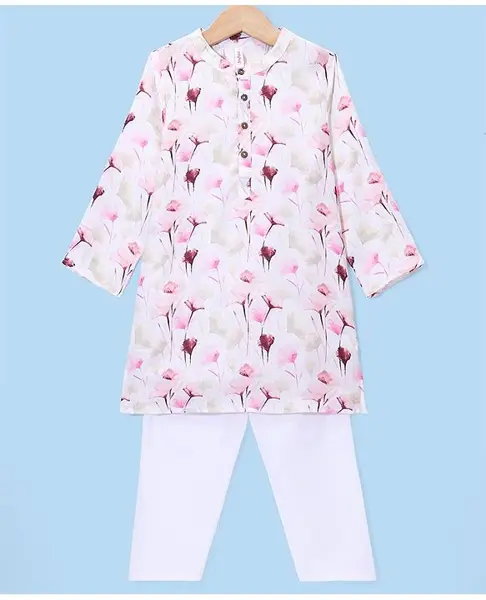 Babyhug Cotton Woven Cambric Floral Printed Full Sleeves Kurta & Pyjama Set - White