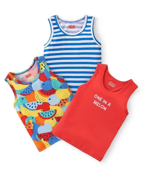 Babyhug 100% Cotton Knit Sleeveless Vests with Tropical & Stripes Pattern Pack of 3 - Multicolor