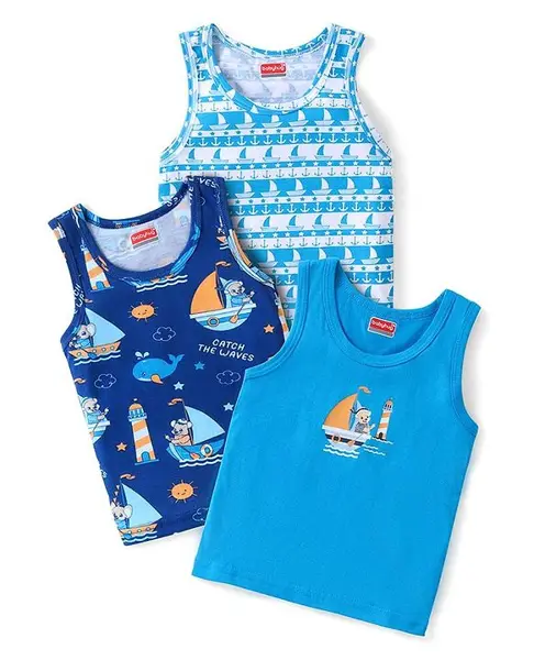 Babyhug 100% Cotton Knit Sleeveless Sandos Sea Theme Print Pack of 3 - Blue