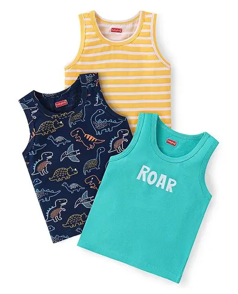 Babyhug 100% Cotton Sleeveless Striped Sandos with Dino Print Pack of 3 - Multicolour