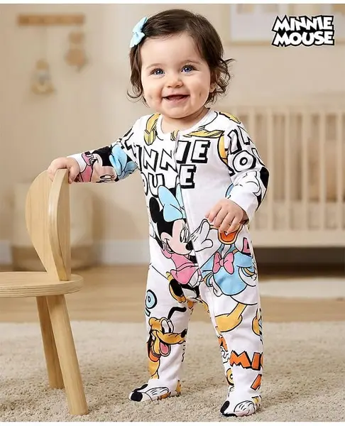 Babyhug Disney Cotton Full Sleeves Sleepsuit With Minnie Mouse Print - White