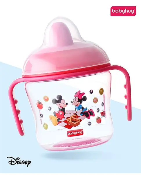 Babyhug Hard Spout Non Spill Sipper Cup With Twin Handle & Mickey & Minnie Mouse Print Pink - 150 ml