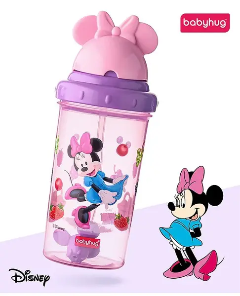 Babyhug Disney Straw Sipper with Mickey Mouse Print & Weighted Straw Purple- 330ml