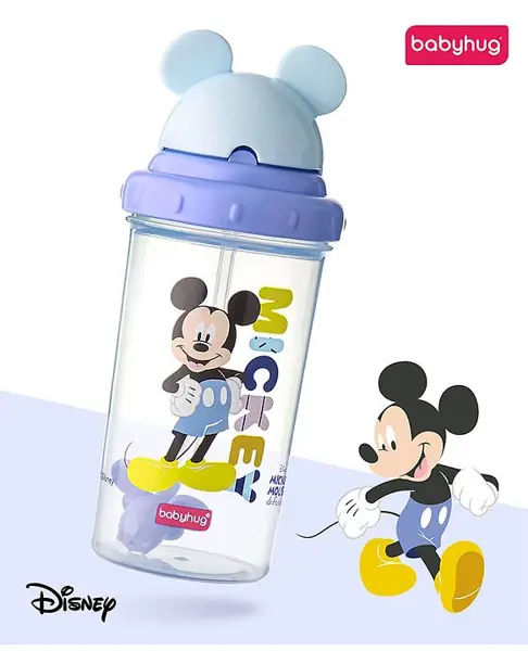 Babyhug Disney Straw Sipper with Mickey Mouse Print & Weighted Straw Blue- 330ml
