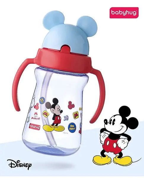 Babyhug Disney Flip Top Open Sipper with Mickey Mouse Print & Twin Handle Red- 150 ml