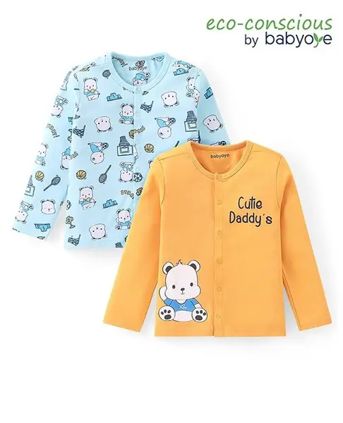 Babyoye 100% Cotton With Eco Jiva Finish Full Sleeves Vest With Bear Print Pack of 2- Yellow & Blue