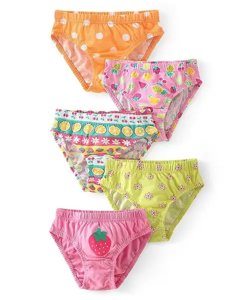 Babyhug 100% Cotton Panties Fruits Floral & Polka Dots Print Pack of 5 - Multicolour