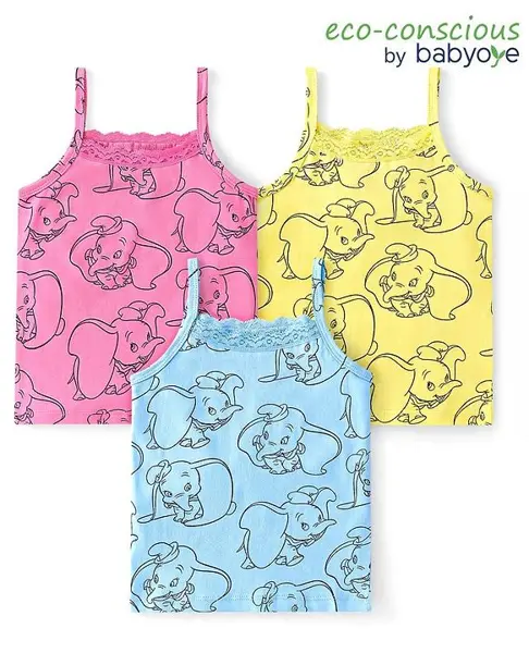 Babyoye 100% Cotton Knit Sleeveless Slips Dumbo Graphics Pack of 3 - Multicolour