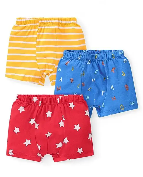 Babyhug 100% Cotton Above Knee Length Trunks Stars & Alphabet Print Pack of 3 - Multicolour