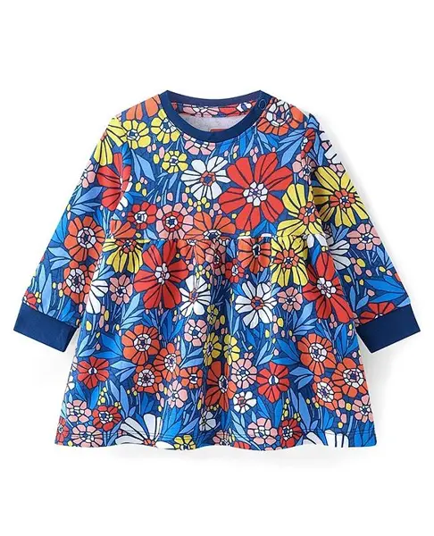 Babyhug Cotton Knit Full Sleeves Winter Frock with Floral Print - Navy Colour