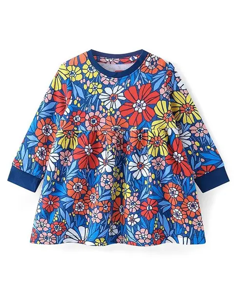 Babyhug Cotton Knit Full Sleeves Winter Frock with Floral Print - Navy Colour