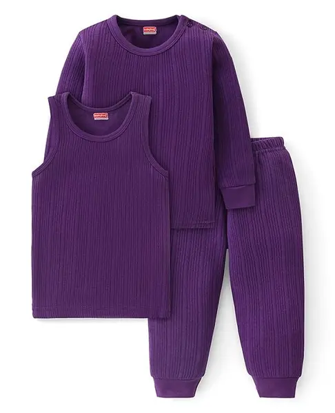 Babyhug Full Sleeves Solid Thermal Vests & Pant Set - Purple
