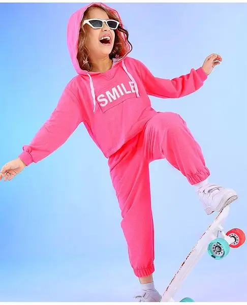 Ollington St. Cotton Knit Full Sleeves Hooded Winter Wear Suit With Text Print - Pink
