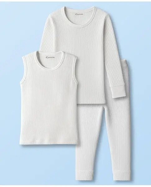 Kanvin Thermal Cotton Solid Colour Full Sleeves Vests with Pajama Pack of 3 - White