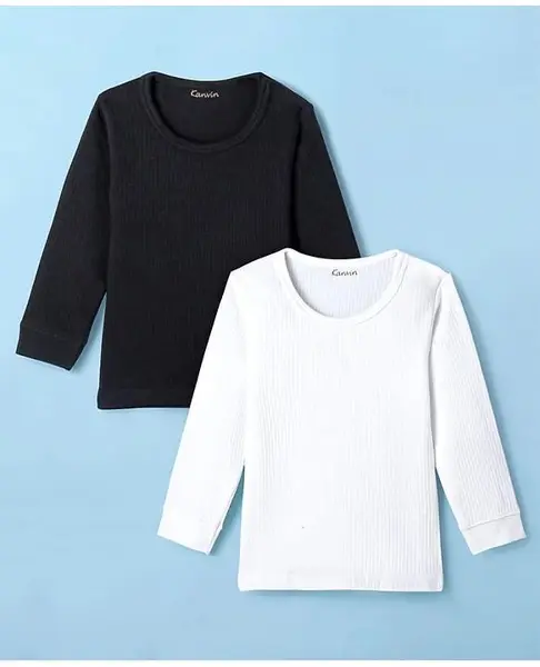 Kanvin Cotton Modal Full Sleeves Thermal Vest Pack of 2 - Black & White