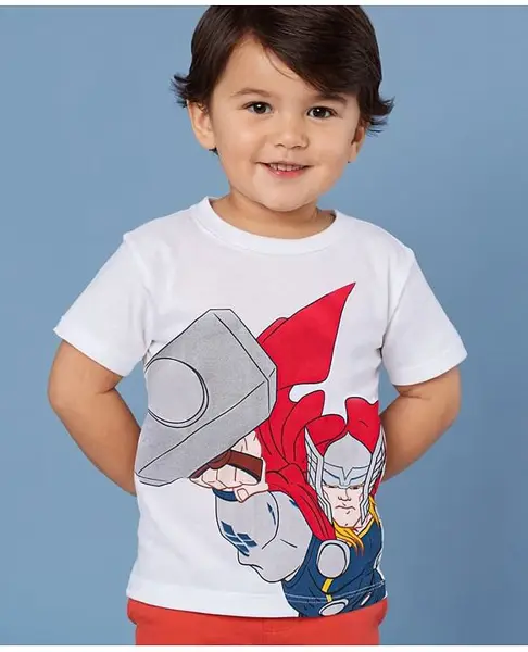 Babyhug Marvel Cotton Knit Half Sleeves T-Shirt with Front & Back Thor Print - White