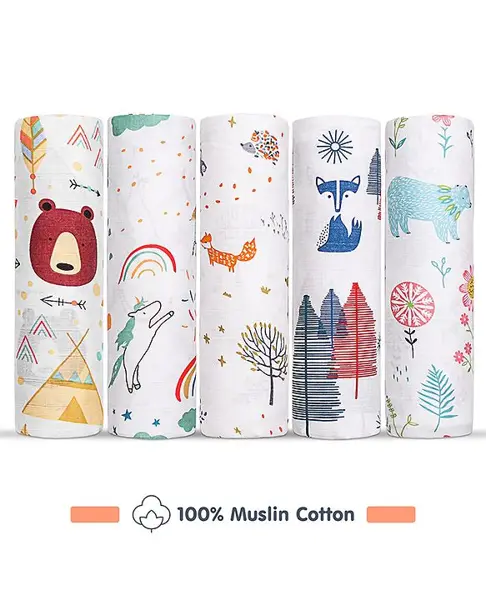 Babyhug Cotton Muslin Multipurpose Swaddle Wraps Animal Print Pack of 5 - Multicolour