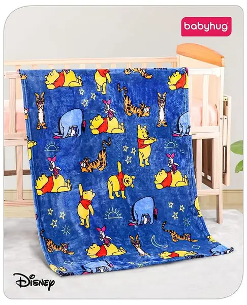 Babyhug Disney Single Ply Mink Blanket Playful Pooh Print- Blue