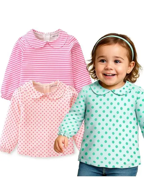 Babyoye 100% Cotton Knit Full Sleeves Peter Pan Collar Top With Eco- Jiva Finish Polka Dots Print Pack of 3- Multicolor