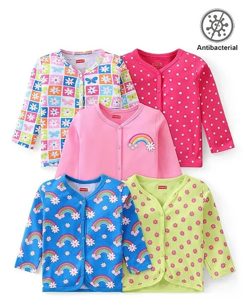 Babyhug 100% Cotton Antibacterial Front Open Jhablas With Floral & Polka Dot Print Pack of 5 - Multicolour