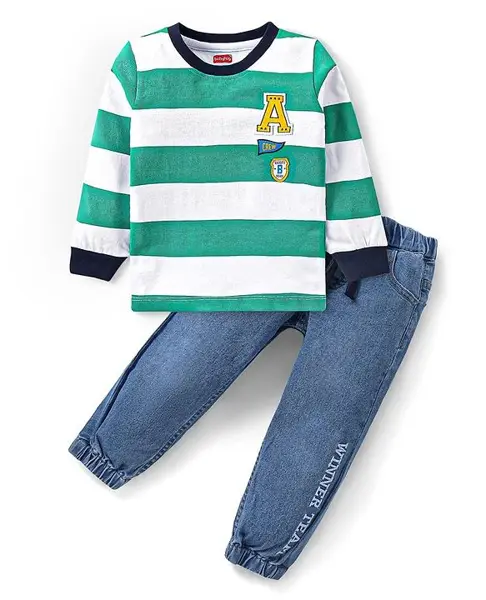 Babyhug Single Jersey Knit  Full Sleeve Striped T-Shirt and Denim Full Length Jeans Print - Green & Blue