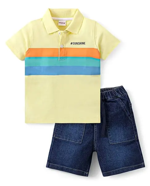 Babyhug Single Jersey Knit Half Sleeves Striped Polo T-Shirt & Denim Shorts Set - Yellow & Blue