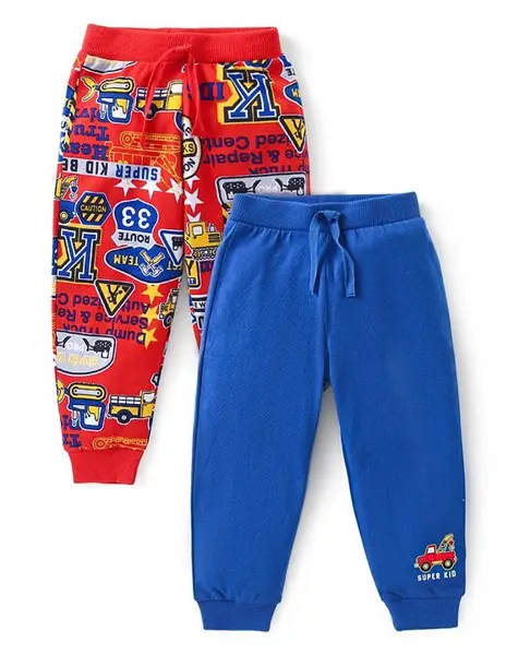 Babyhug Cotton Knit Full Length Lounge Pants with Car Print Pack of 2 - Red & Blue