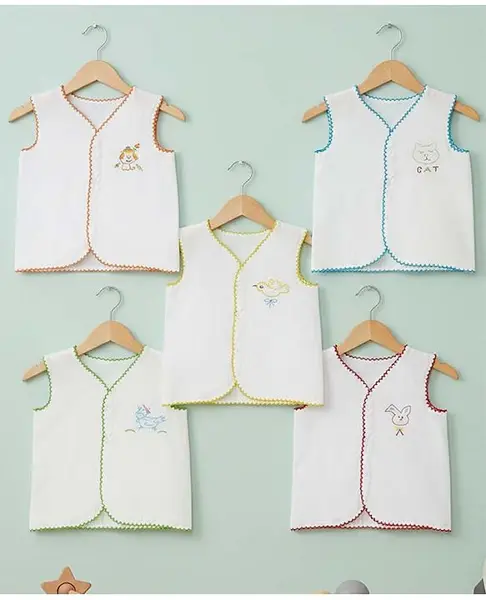 Baby Moo 100% Cotton Pack Of 5 Sleeveless Animals & Bird Embroidered Jhablas - White