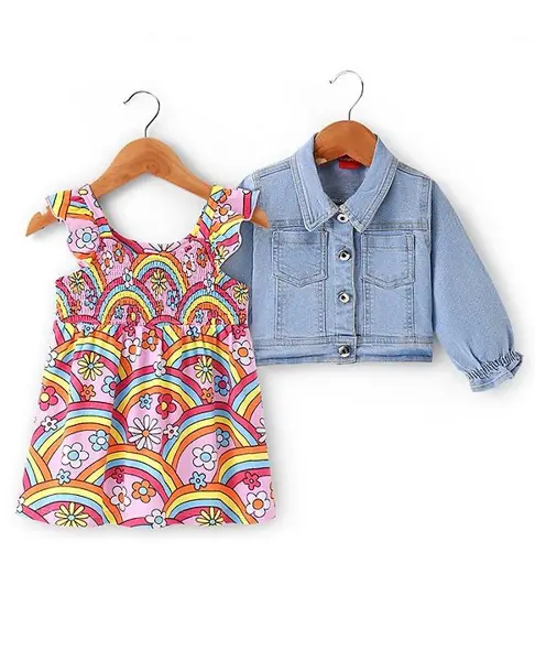 Babyhug Cotton Knit Frock with Full Sleeves Denim Jacket & Floral Print - Multicolour