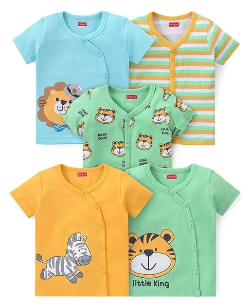 Babyhug 100% Cotton Half Sleeves Front Open Jhablas Animal Print Pack of 5 - Multicolour