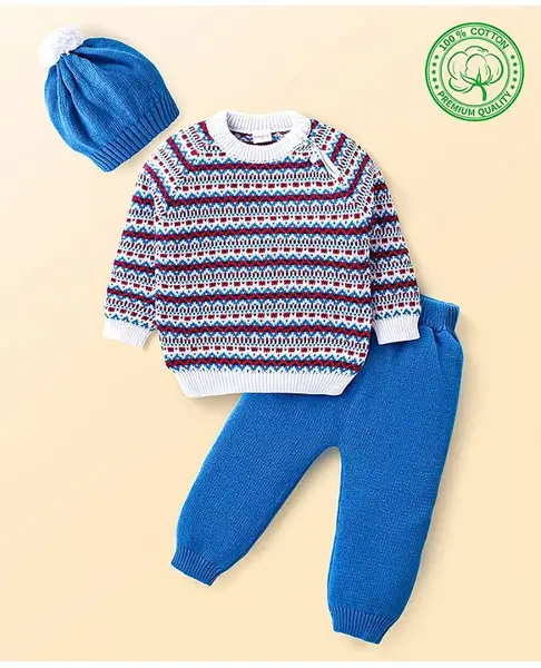 Babyhug Knitted Full Raglan Sleeves Pullover Sweater Set with Cap & Aztec Design - Blue