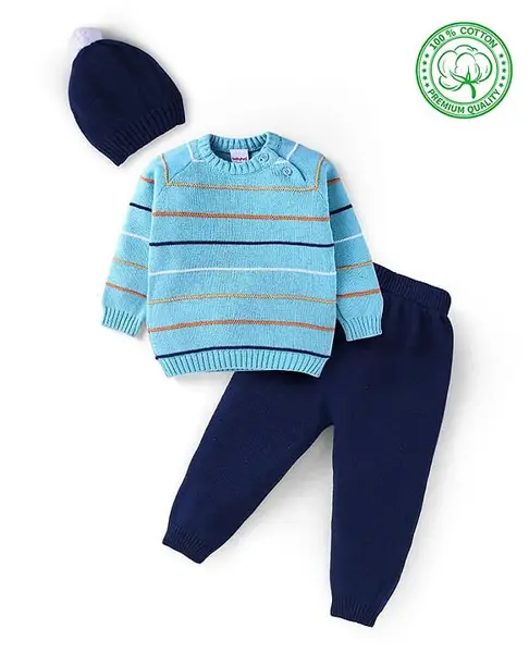 Babyhug Knitted Full Raglan Sleeves Striped Sweater Set with Cap - Light Blue