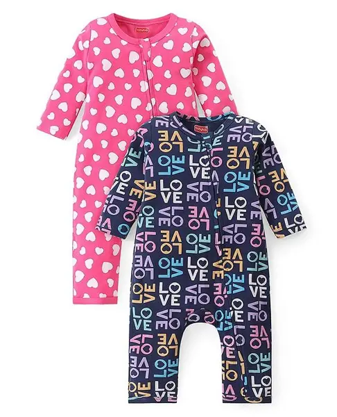 Babyhug 100% Cotton Knit Full Sleeves Heart Printed Rompers Pack of 2 - Multicolour