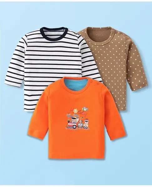 Kidi Wav Pack Of 3 Full Sleeves Striped & Polka Dots Printed Tees - Multi Colour