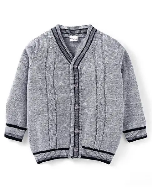 Babyhug Knitted Full Sleeves Front Open Sweater With Cable Knit Design - Grey