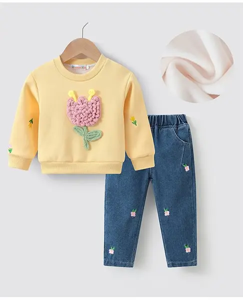 Kookie Kids Full Sleeves Top & Jeans Set With Floral Applique & Embroidery - Yellow