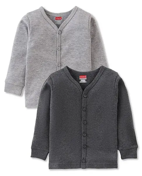 Babyhug Cotton Blend Full Sleeves Front Open Solid Color Thermal Wear Pack Of 2 - Grey