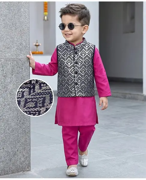 Babyhug Woven Full Sleeves Solid Colour Kurta Pyjama Set with Sequined Embroidered Nehru Jacket - Dark Pink