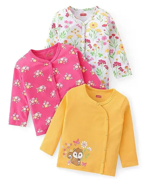 Babyhug 100% Cotton Knit Full Sleeves Front Open  Antibacterial Vests with Floral & Squirrel Print  Pack of 3 - Yellow Pink & White